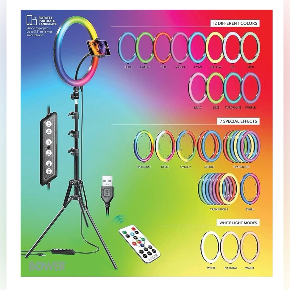 Bower 12” RGB LED Selfie Ring Light Kit w/ Tripod & Wireless Remote - Picture 5 of 9